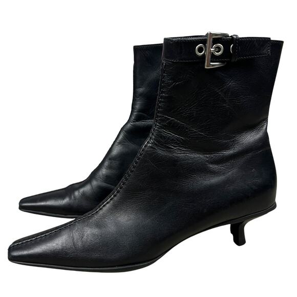 Prada Black Lamb Leather 90s Y2K Pointed Toe Zip Ankle Kitten Heel 7 - Picture 1 of 10